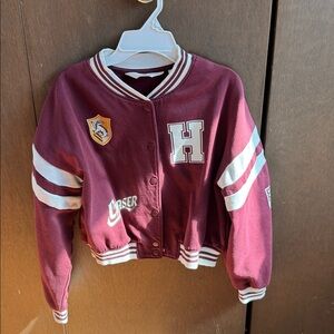 H&M Burgundy Varsity Jacket with Cream Accents